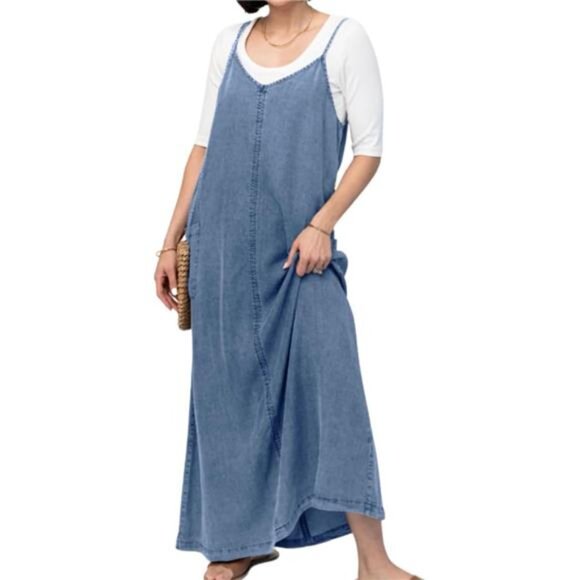 Dresses & Skirts - Women's Summer Spaghetti Strap Denim Dress Dark Blue